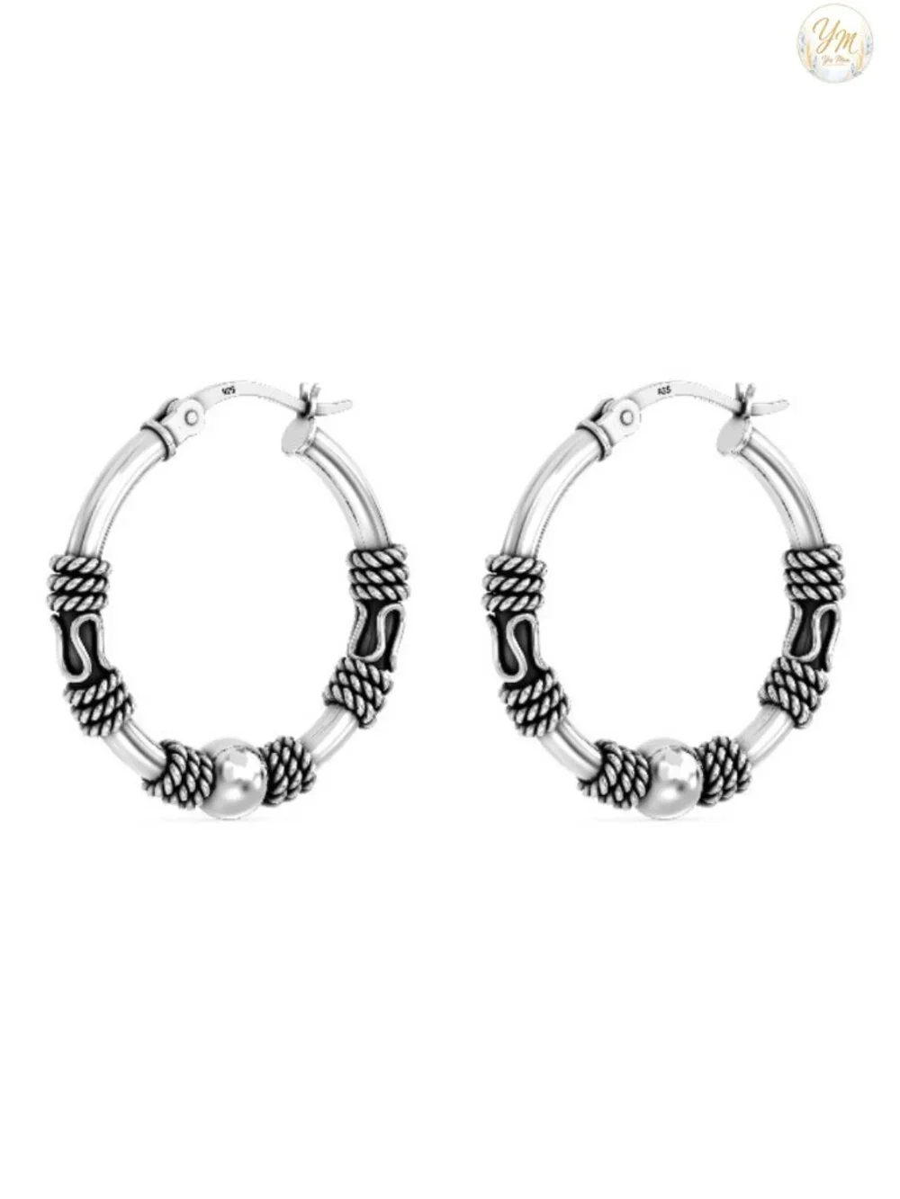 925 Sterling Silver Bali Hoop Earrings Women Antique Balinese Beaded Click-Top